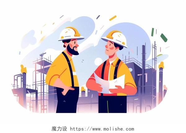 两位戴安全帽的工人互相交谈扁平AI插画建筑师蓝领工地施工安全生产